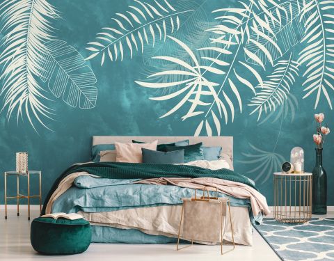 White Tropical Leaves Wallpaper Mural