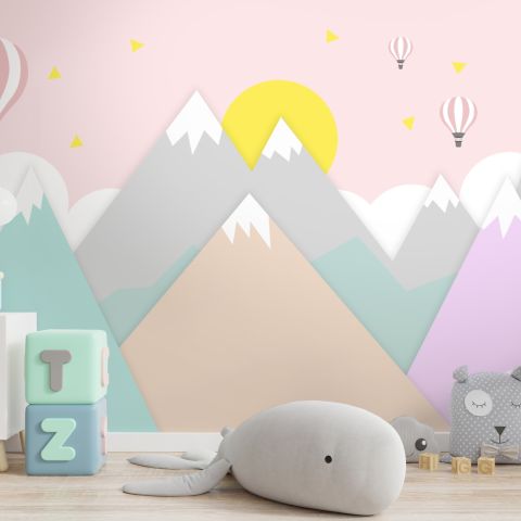 Pink Mountainscape and Hot Air Balloon Wallpaper Mural