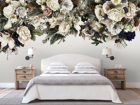 Retro Dark White Flowers Wallpaper Mural