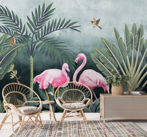 Pink Flamingo with Vintage Forest Wallpaper Mural