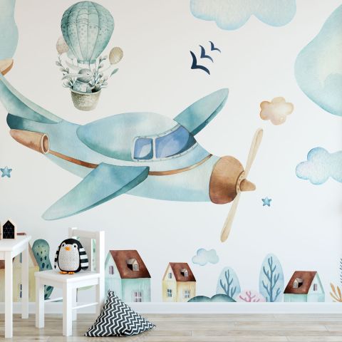 Watercolor Cartoon Village and Airplane Wallpaper Mural