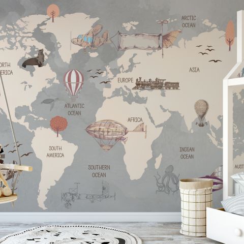 Vintage Kids World Map with Aircraft and Hot Air Balloon Wallpaper Mural