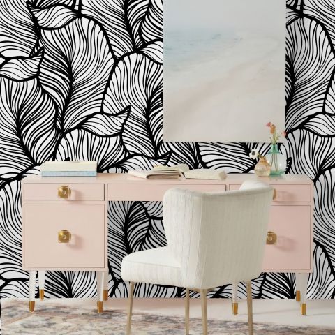 Golden Look Stylish Leaf  Line Art Wallpaper Mural