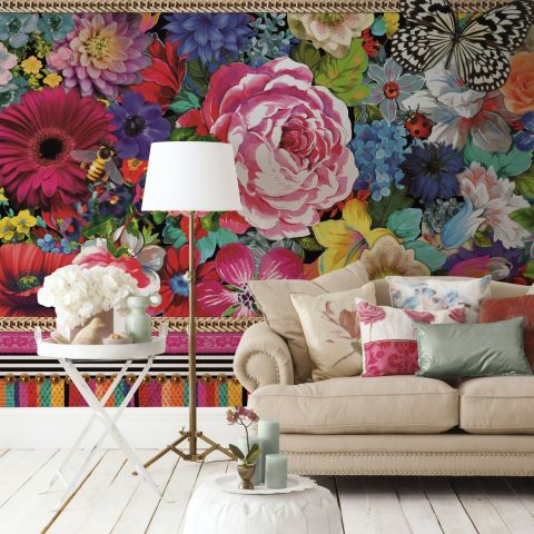 Bohemian Floral Wallpaper with Peony Dianthus Violet Wallpaper Mural