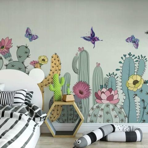 Watercolor Drawing Cactuses and Butterfly Wallpaper Mural