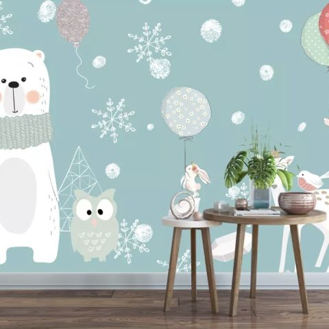 Cartoon Bear and Animal Friends with Snowflake Wallpaper Mural