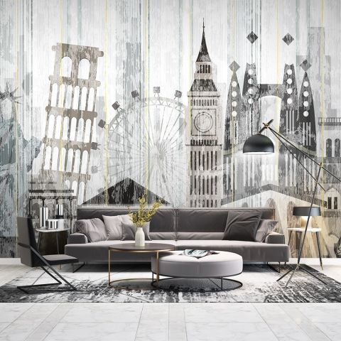 Watercolor City Famous Place Wallpaper Mural