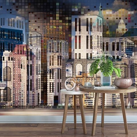 Dark Mosaic City Landscape Wallpaper Mural