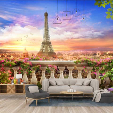 Eiffel Tower Sunrise in the Paris Landscape Wallpaper Mural