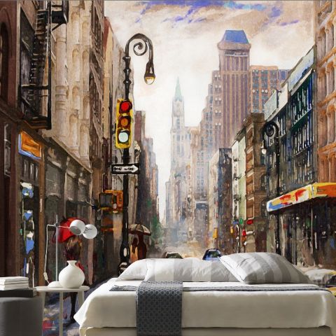 Oil Paintinging Style Street View of New York City Landscape Wallpaper Mural