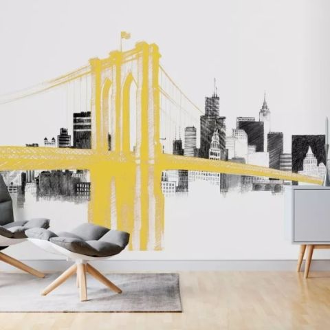 Watercolor City with Brooklyn Bridge Wallpaper Mural
