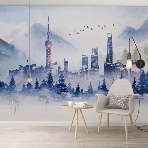 Watercolor Skyscraper Landscape Wallpaper Mural