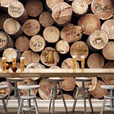 Coffee Shop with Wood Wall Wallpaper Mural
