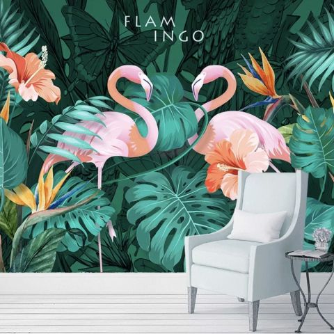 Coral and Pink Flamingo with Tropical Leafy Wallpaper Mural