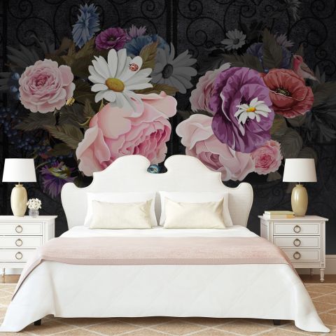Dark Floral with Colorful Peony Wallpaper Mural