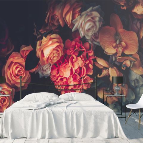 Red Hydrangea Orange Orchid Rose Dark Floral Bouqet Wallpaper Mural