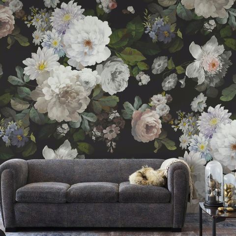 Dark Floral and White Peony Blossoms Wallpaper Mural