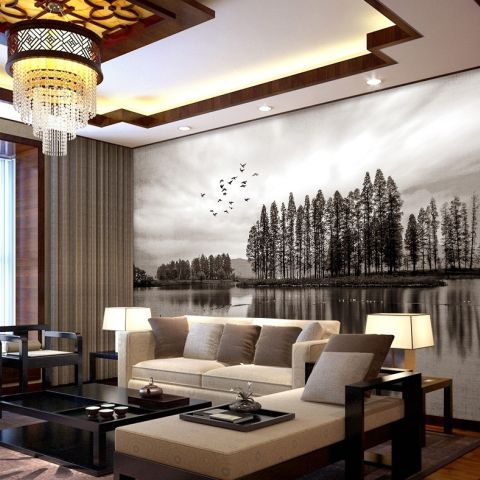 Monochrome Dark Forest and Lake Wallpaper Mural