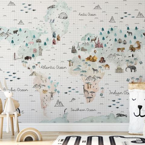 Kids Map with Little Animals Wallpaper Mural