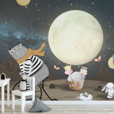 Cartoon Bear and Cute Rabbit with Moon Wallpaper Mural