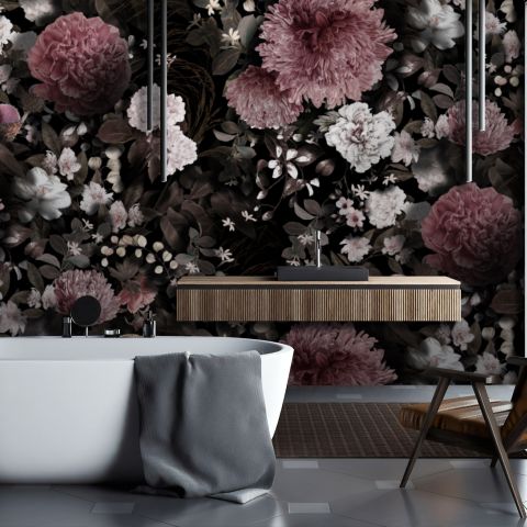 Dark Floral with Pink Chrysanthemum Wallpaper Mural
