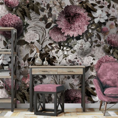 Vintage Floral with Pink Chrysanthemum Wallpaper Mural