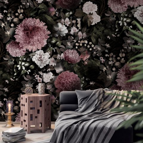 Dark Floral  Pink Chrysanthemum and Green Leaves Wallpaper Mural