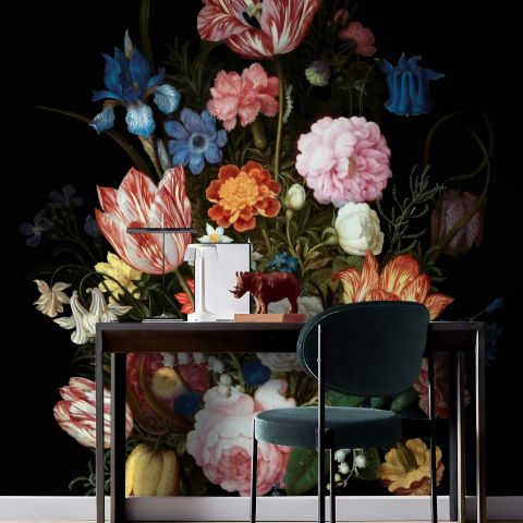 Elegant Dutch Dark Floral Bouquet Wallpaper Mural