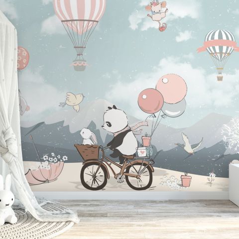 Kids Cute Panda Bicycle with Hot Air Balloon Wallpaper Mural
