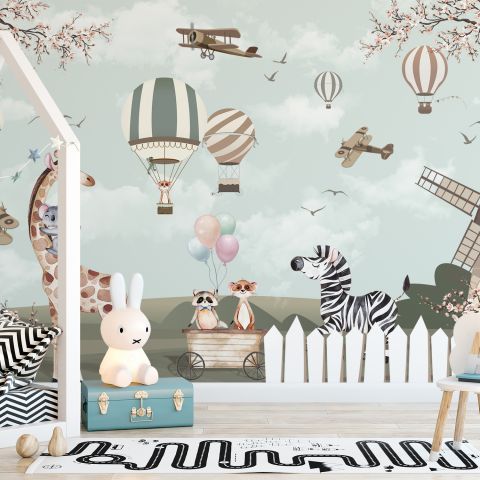 Kids Woodland Animals with Vintage Aircraft and Windmill Wallpaper Mural
