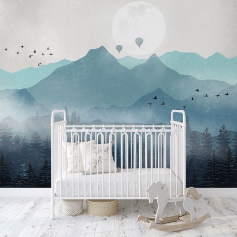Misty Mountain Landscape with Moon Wallpaper Mural