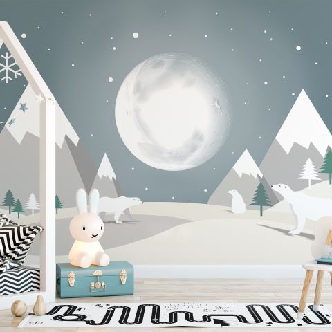 Kids Mountainscape with Cute Bear and Gray Skyscape Wallpaper Mural