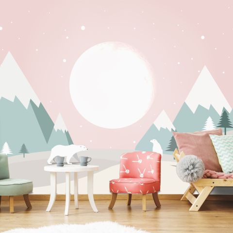 Kids Mountainscape with Cute Bears and Pink Skyscape Wallpaper Mural