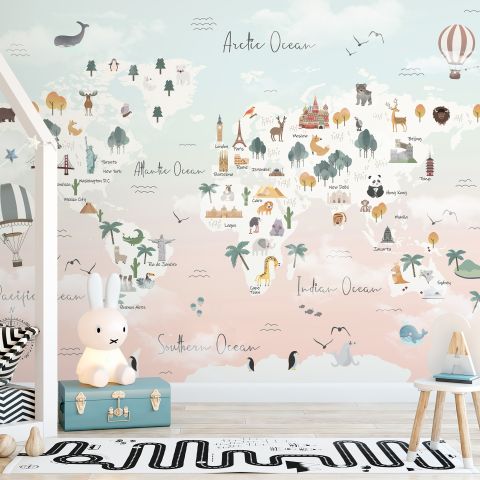 Kids Pink World Map with Cute Animals and Little Balloons Wallpaper Mural