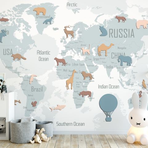 Kids Blue Political World Map with Colorful Animal Silhouette Wallpaper Mural