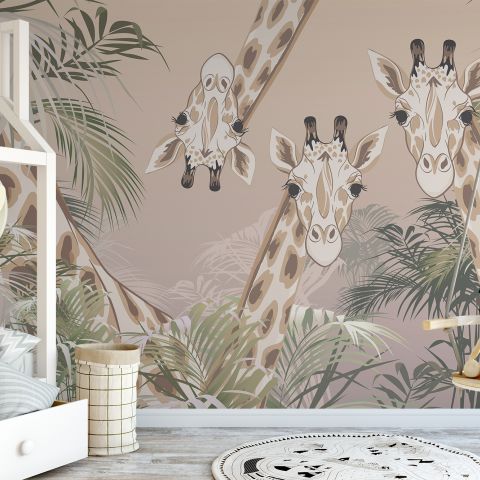 Cute Giraffes Between Tropical Leaves Wallpaper Mural