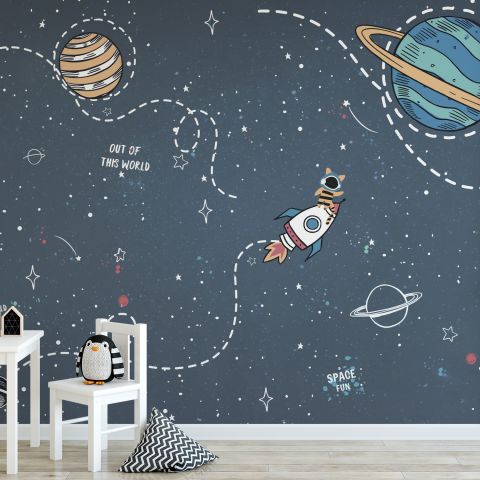 Kids Shining Cartoon Space with White Stripe Wallpaper Mural