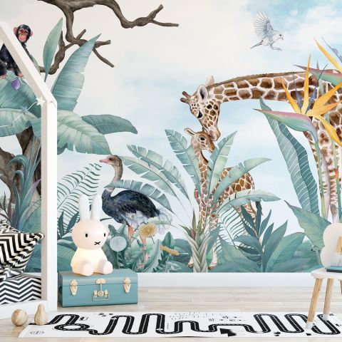 Kids Safari Animals with Fresh Tropical Leaves Wallpaper Mural