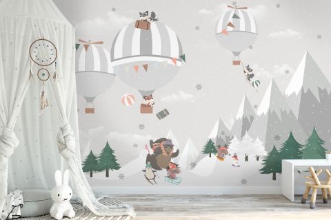 Cute Animals Playing Skate on the Snowy Mountain with Hot Air Balloon Wallpaper Mural