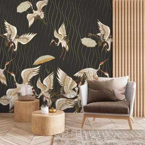 Gold Style Vintage Asian Crane Birds Wallpaper Mural