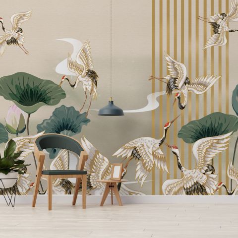 Chinese Crane Birds with Lotus Florals Wallpaper Mural