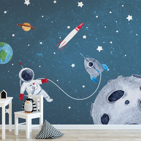 Watercolor Space with Astronaut and Meteor Wallpaper Mural