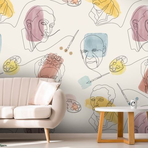 Artist Face Line Art with Colorful Abstract Brush Wallpaper Mural
