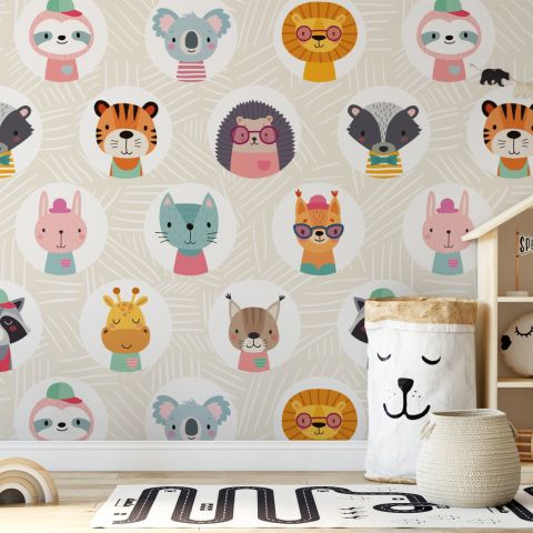 Kids Cute Safari Animals Pattern Wallpaper Mural
