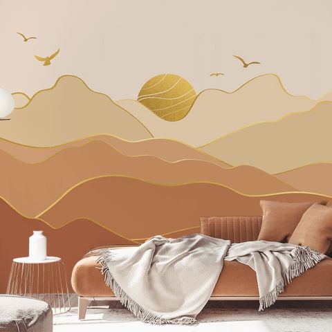 Gold Look Landscape Sunrise Sunset Wallpaper Mural