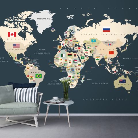 Political World Map with Country Flags Wallpaper Mural