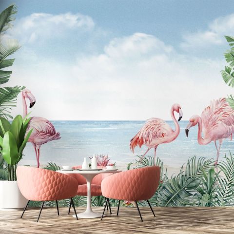 Tropical Landscape with Flamingos Wallpaper Mural