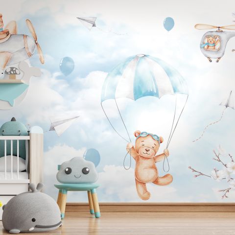 Cute Bear Flying with Paper Planes Wallpaper Mural