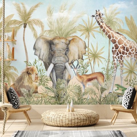 Watercolor Safari Animals in Forest Wallpaper Mural