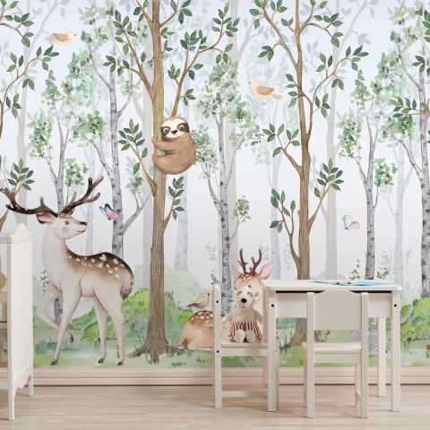 Cute Animals in the Forest Watercolor Kids Wallpaper Murals